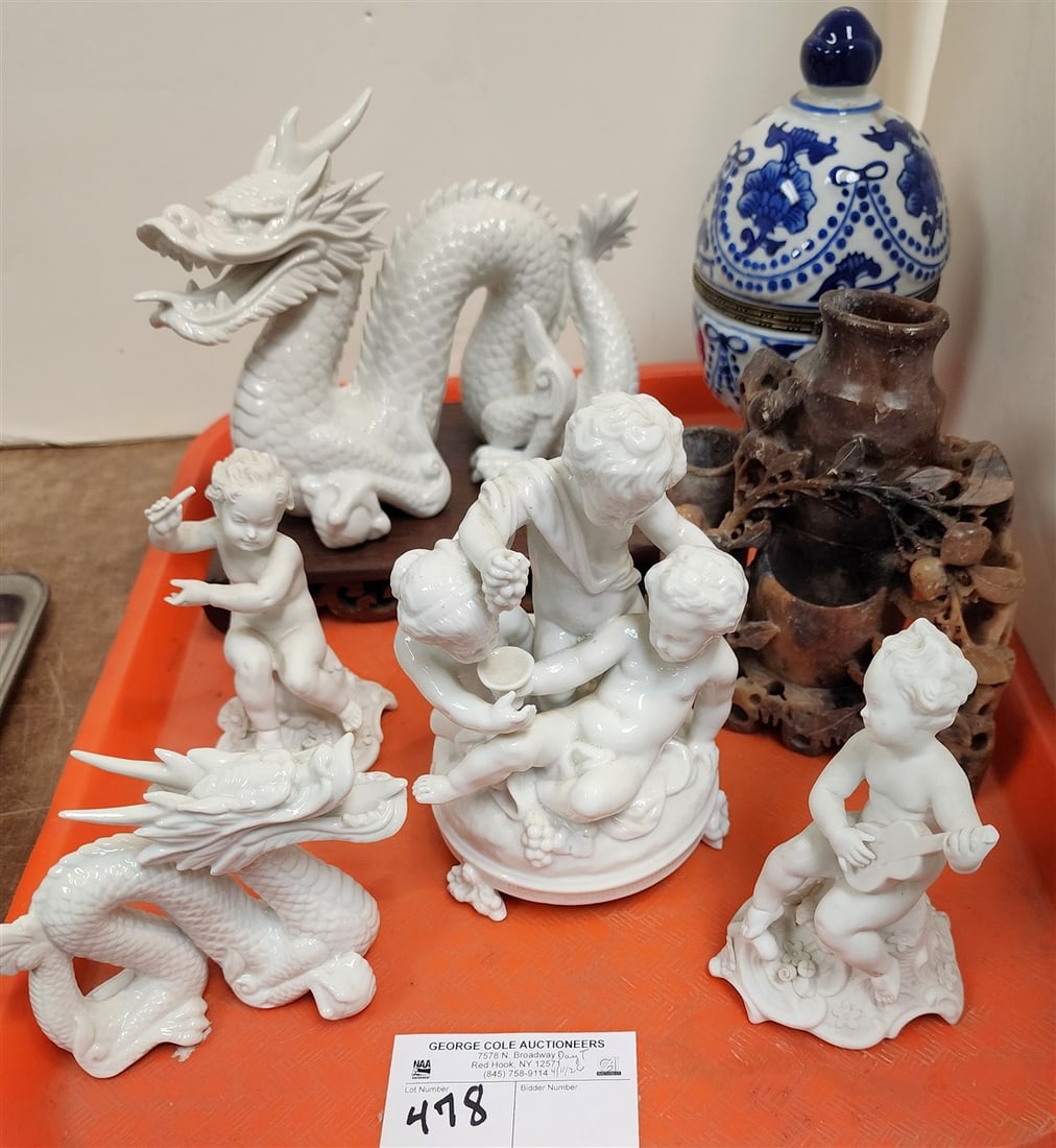 Tray White Porcelain - Capodimonte Group 6 1/2" H, Pr. German Putti 4 1/2" H, Dragon 6" X 8", (1 of 4)