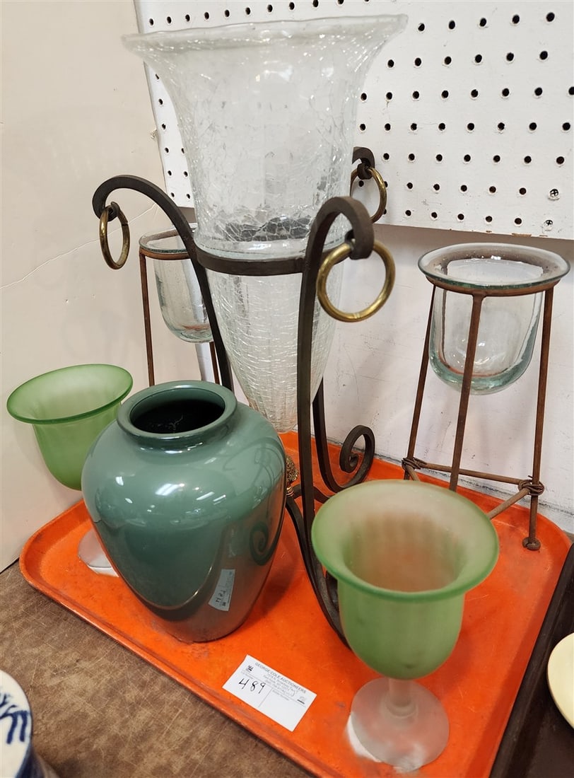 Tray Vases - Wrought Base Stand w/Crackle Glass Vase 19" H X 11" Diam., Pr. Wought Base Stand: Tray Vases - Wrought Base Stand w/Crackle Glass Vase 19" H X 11" Diam., Pr. Wought Base Stand w/Glass Inserts 11" H X 4" Diam., Green Glasss Vase 9" H , Pr. Green Vases 8"
