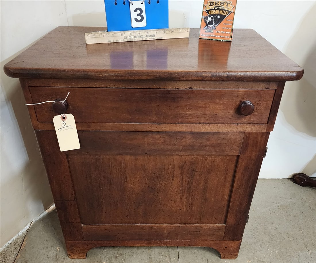 19th C Walnut 1 Drawer Over 1 Door Cabinet 27" H X 26" W X 17 3/4" D (1 of 3)