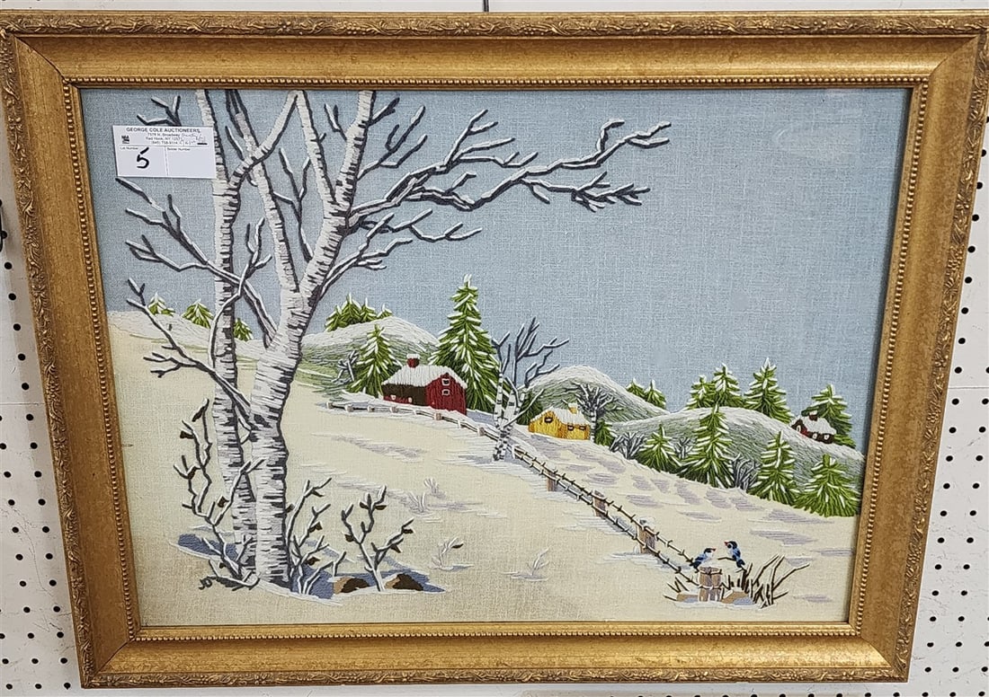 Framed Needlework Winter Landscape 17 1/2" X 23 1/2" w/Frame 22" X 28" (1 of 1)