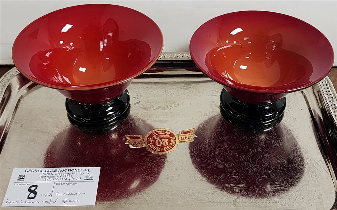 Tray Pr. Carlson Hand Blown Red Fluted Bowls w/Black Foot Base 3" H X 5" Diam. (1 of 6)