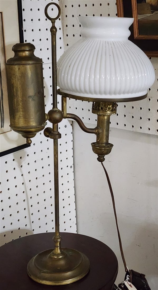 19th C Brass Student Lamp w/ Milk Glass Shade 21" H (1 of 2)