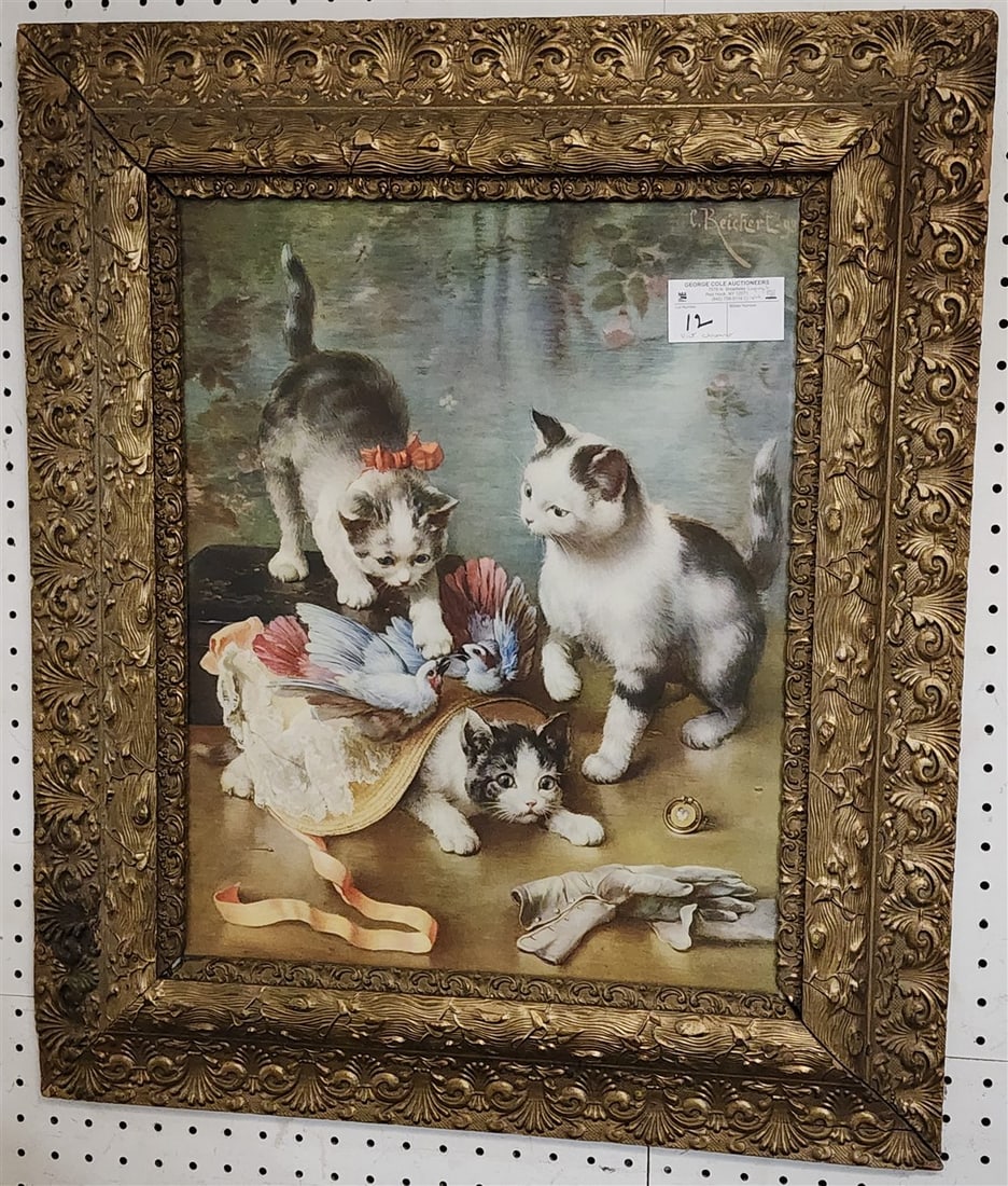 Framed Vict. Chromo Of Kittens Sgnd C. Reicher 20" X 16" w/Frame 28 1/2" X 24 1/2": Framed Vict. Chromo Of Kittens Sgnd C. Reicher 20" X 16" w/Frame 28 1/2" X 24 1/2"