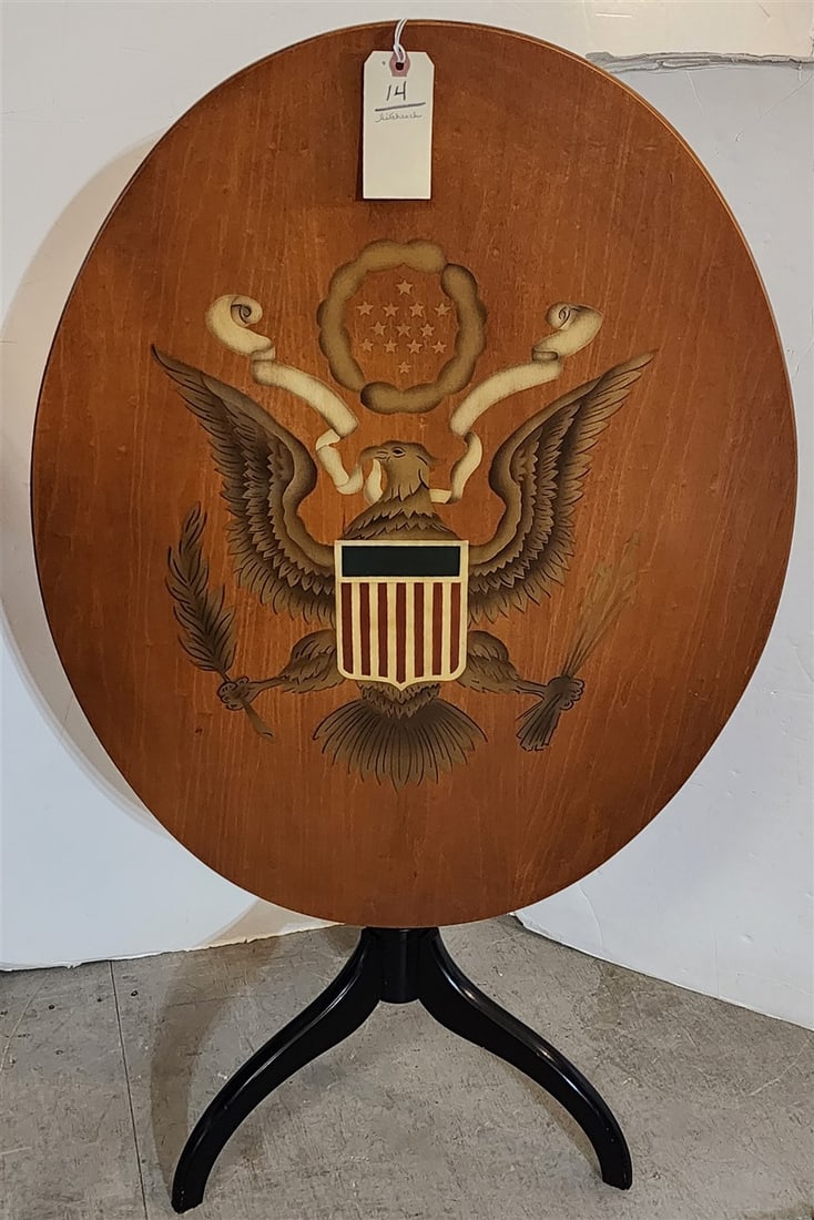 Hitchcock Maple Tilt Top Candlestand w/Hand Ptd. American Eagle 25 1/2" H X 24" W X 31" D: Hitchcock Maple Tilt Top Candlestand w/Hand Ptd. American Eagle 25 1/2" H X 24" W X 31" D