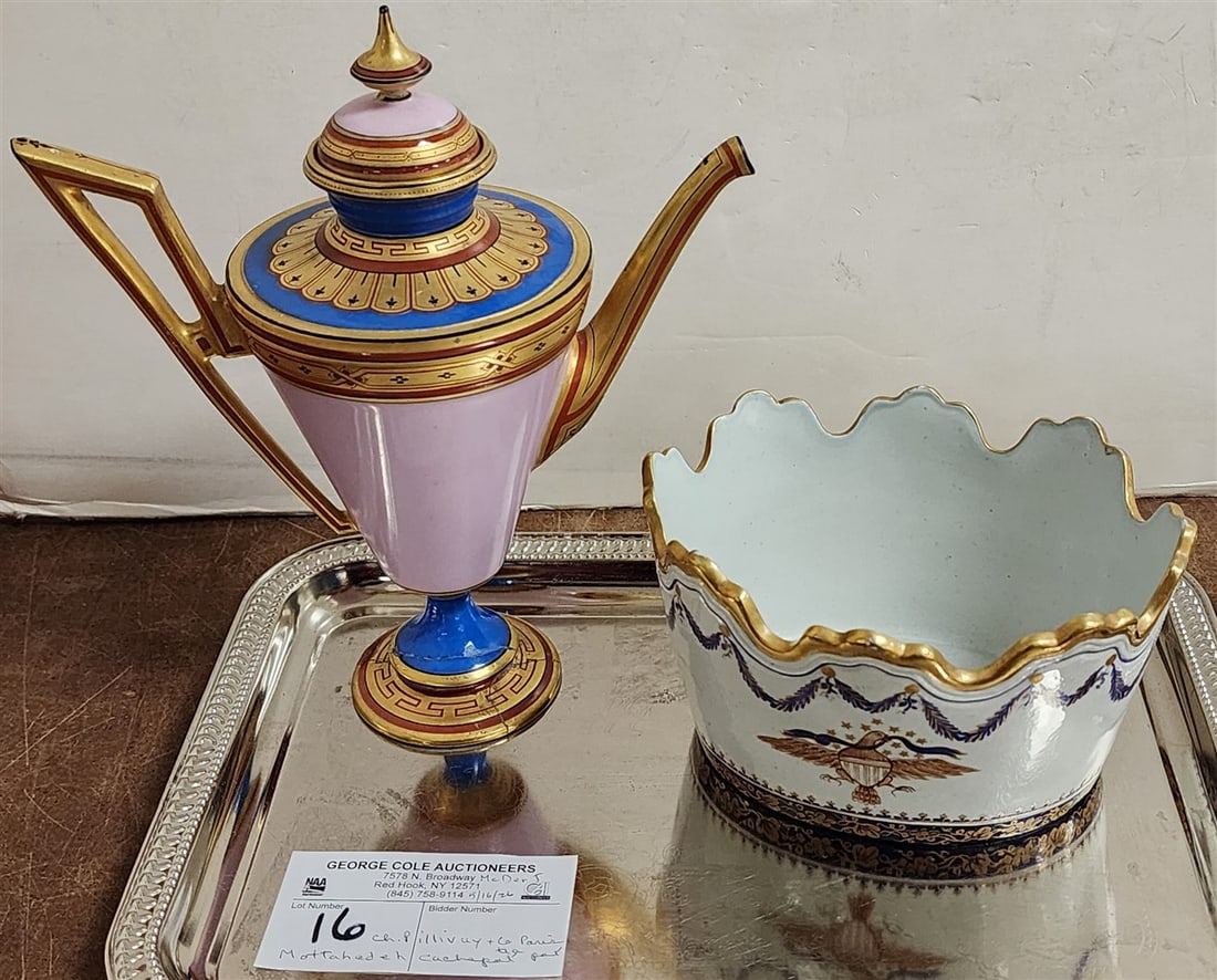 Tray Mottahedeh Vista Allegre Diplomatic Eagle Porcelian Cachepot 3" H X 5 1/2" W X 4 1/2" D + 19th: Tray Mottahedeh Vista Allegre Diplomatic Eagle Porcelian Cachepot 3" H X 5 1/2" W X 4 1/2" D + 19th C CH. Pillivuy + Co. Paris Porcelian Tea Pot Base (Repaired) 7 1/2"