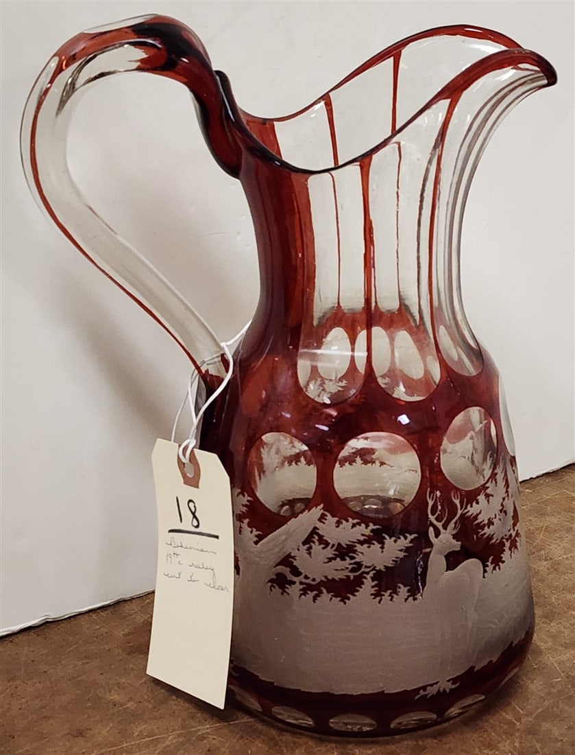 19th C Bohemian Glass Ruby Cut To Clear Pitcher 10 1/2" (1 of 1)