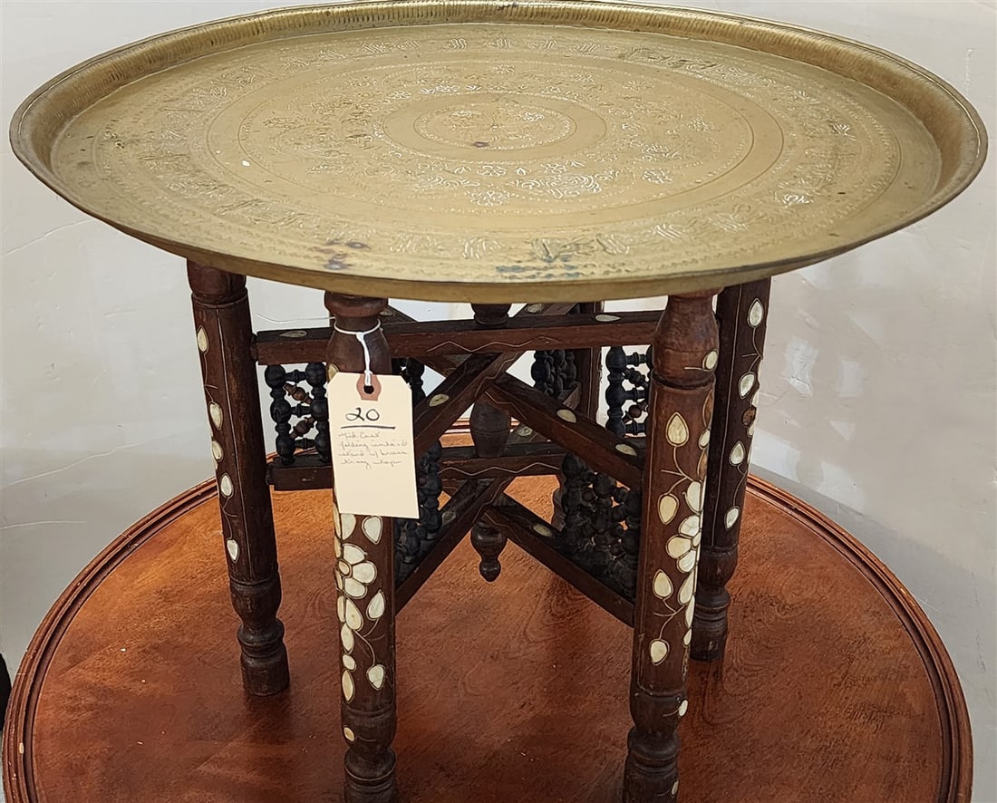 Mid. East Inlaid Folding Stand w/Brass Tray Top 18 1/2" H X 22 3/4" Diam. (1 of 6)