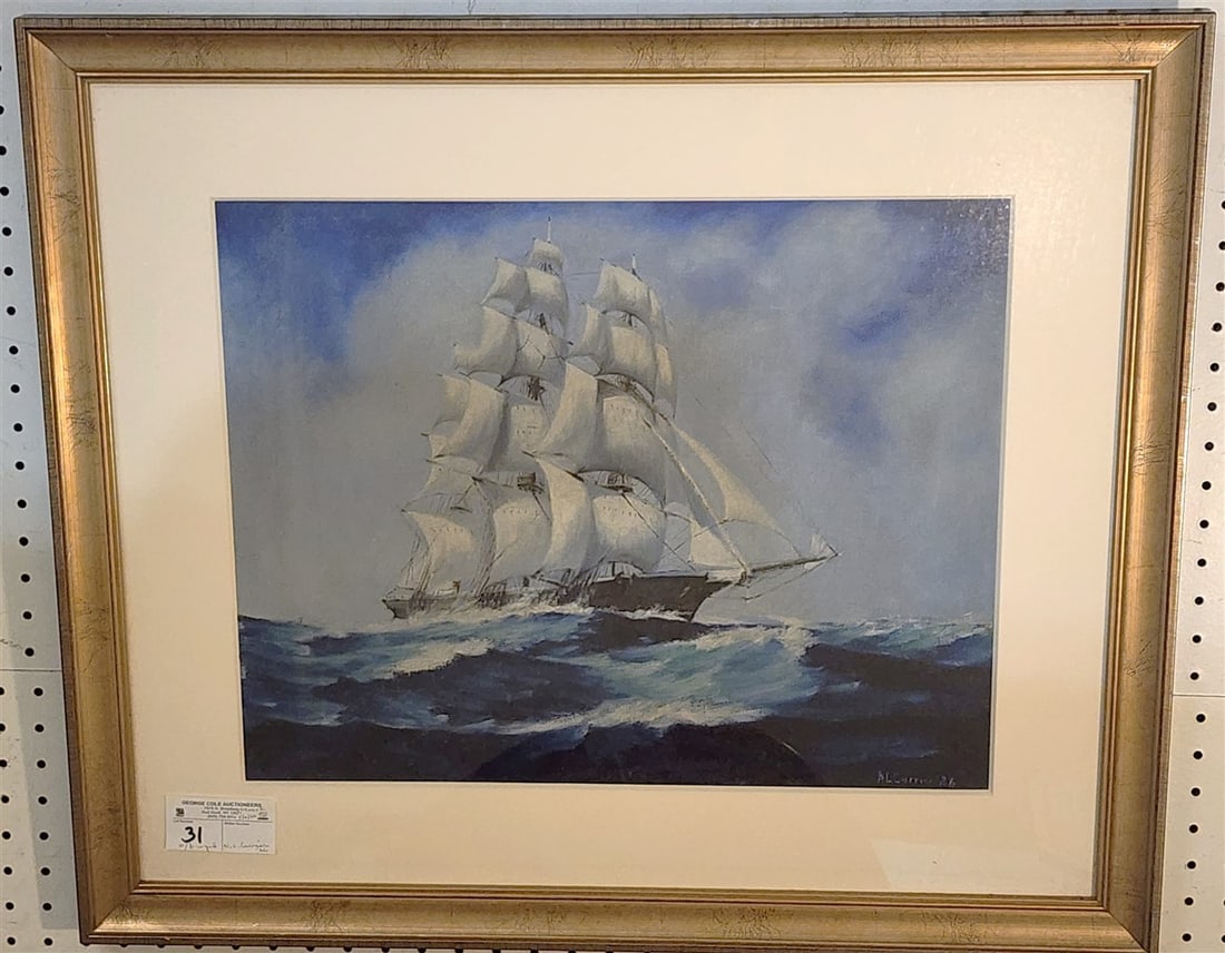 Framed O/B Of A Masted Ship Sgnd N.L. Currier '26 15" X 19" w/Frame 24" X 28": Framed O/B Of A Masted Ship Sgnd N.L. Currier '26 15" X 19" w/Frame 24" X 28"