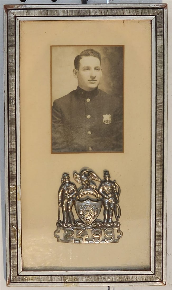 Framed O/B Of A Police Officer + Badge # 2499 9 1/4" X 5 1/2: Framed O/B Of A Police Officer + Badge # 2499 9 1/4" X 5 1/2