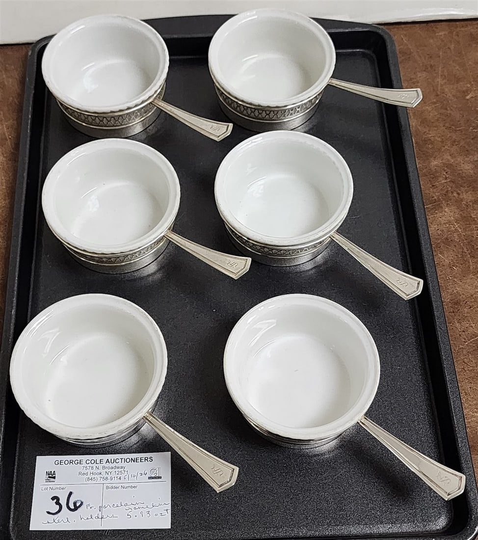Tray 6 Sterling Holders w/French Porcelain Ramikins 5.93 ozT. 1 1/2" H X 3 1/4" Diam. 2 1/4": Tray 6 Sterling Holders w/French Porcelain Ramikins 5.93 ozT. 1 1/2" H X 3 1/4" Diam. 2 1/4" Handle