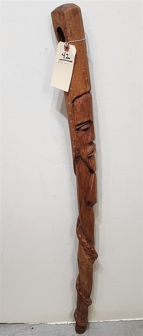 Hand Carved Wooden Walking Stick w/Face + Coiled Snake w/Bird Head Handle 41" (1 of 3)