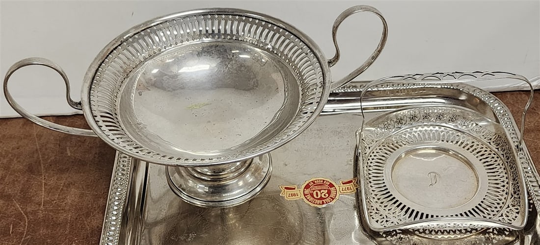 Tray 2 Pc. Sterling - Handled Compote 5" H X 10 1/2" Diam. (w/Handle) + Basket 4" H X 4 3/4" Sq. (1 of 3)