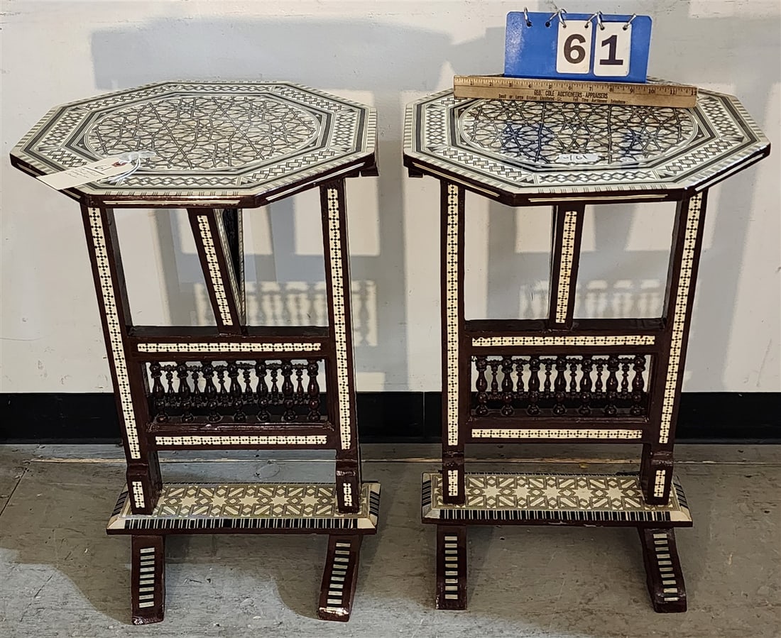 Pr. Mid Eastern Inlaid Collapsible Stands 26" H X 16 1/2" Diam.: Pr. Mid Eastern Inlaid Collapsible Stands 26" H X 16 1/2" Diam.