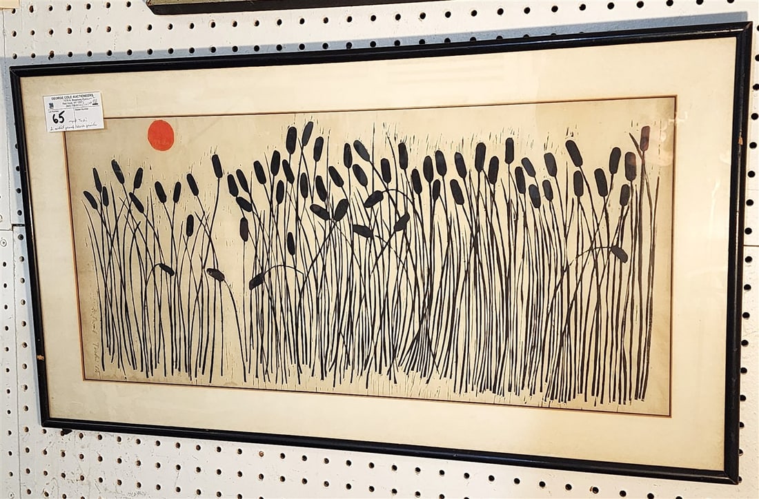 2 Framed Block Prints Artist Proofs Sgnd Toshi - Stone Wall w/Shrub 24" X 10 1/4" w/Frame 3'1" X 17": 2 Framed Block Prints Artist Proofs Sgnd Toshi - Stone Wall w/Shrub 24" X 10 1/4" w/Frame 3'1" X 17" + Cattails 1962 11 1/2" X 25" w/Frame 16" X 30"