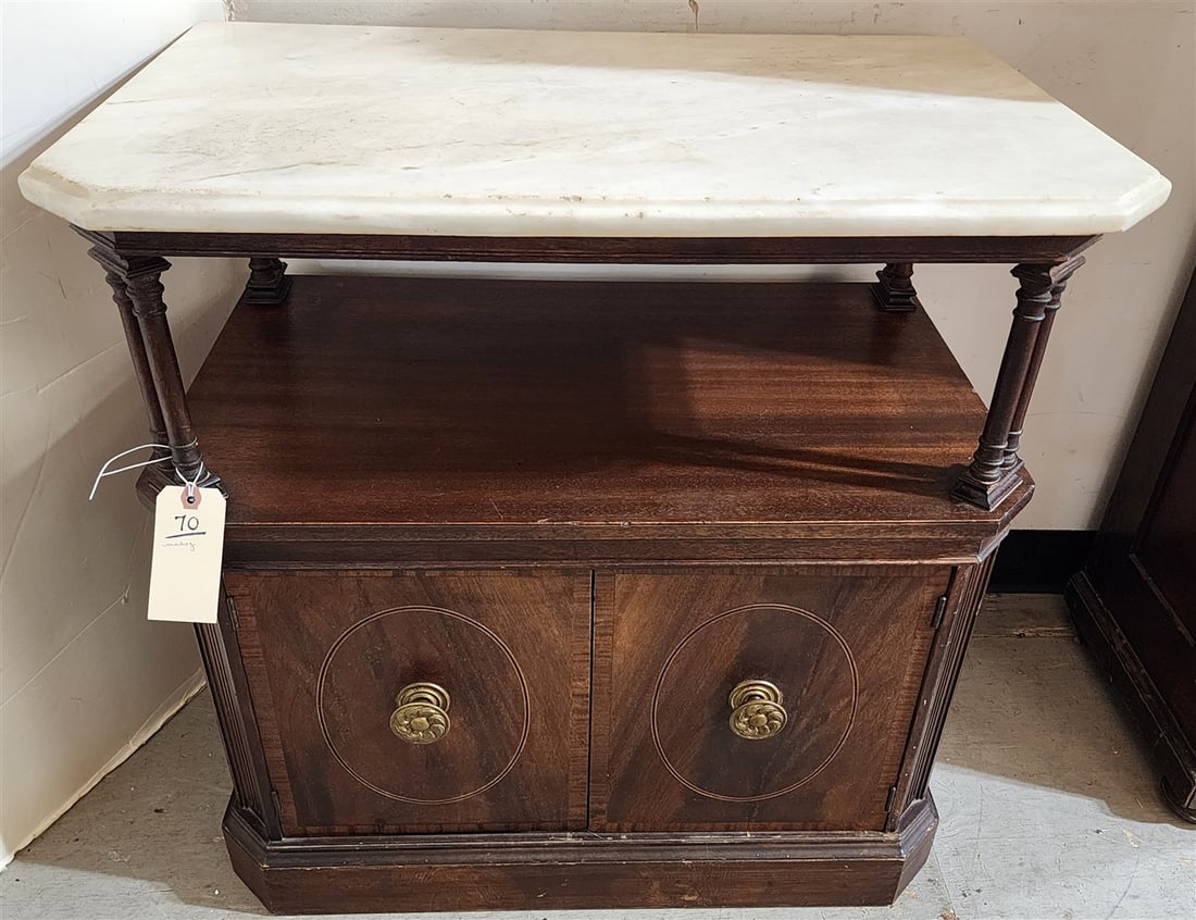 Mahogany Marble Top 2 Door Stand w/Inlay 28 1/2" H X 28 1/2" W X 17" D: Mahogany Marble Top 2 Door Stand w/Inlay 28 1/2" H X 28 1/2" W X 17" D