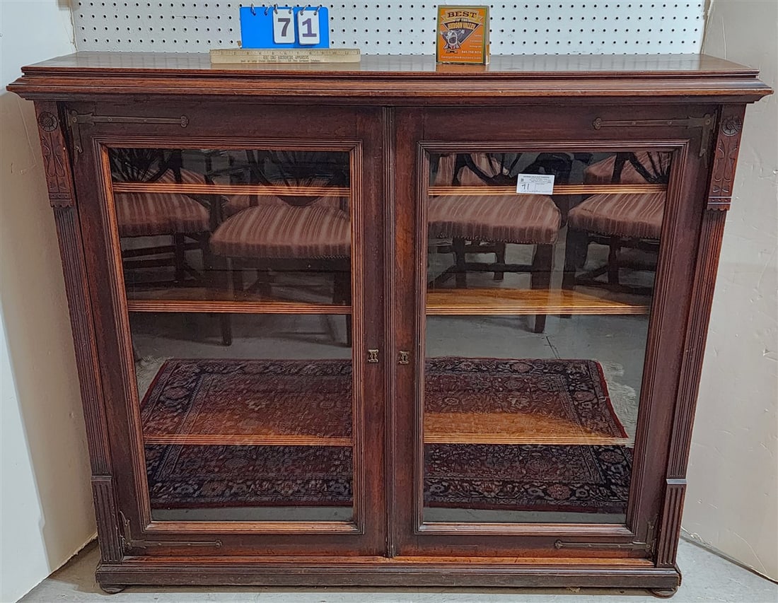 Victorian Eastlake Walnut 2 Door Bookcase w/Brass Strap Work 49" H X 57" W X 14" D (1 of 4)