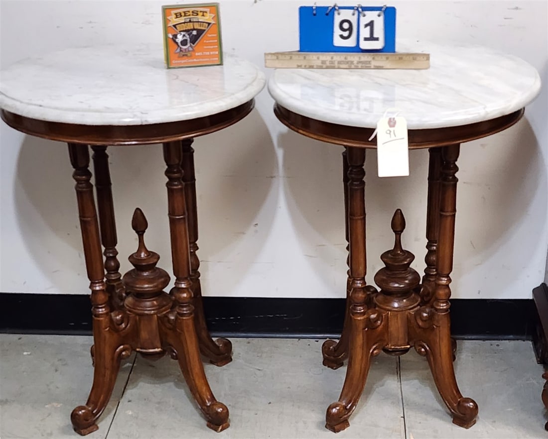 Pr. Victorian Style Walnut Marble Top Stands 27" H X 19 3/4" Diam. (1 of 5)