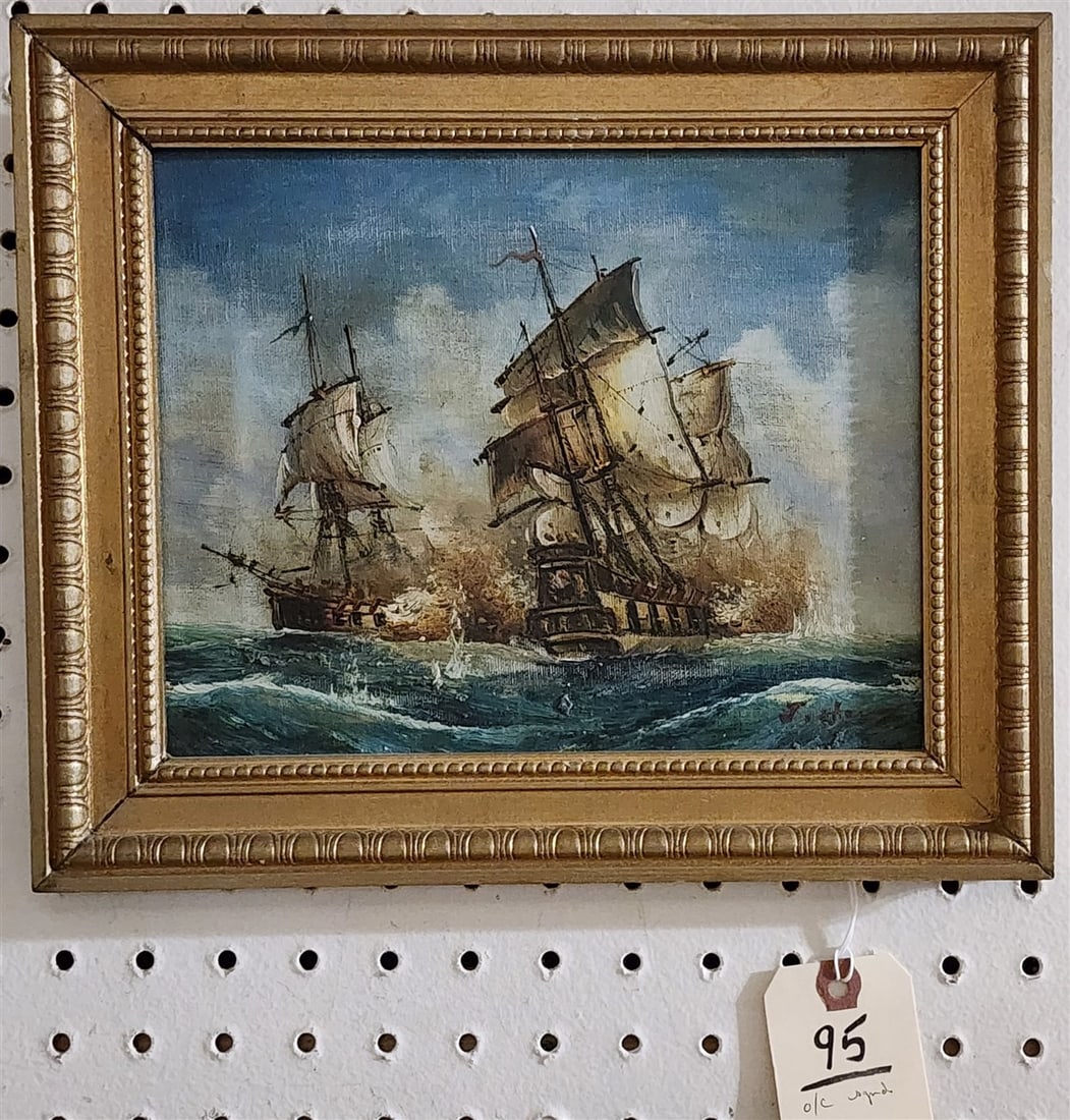 O/C Seascape w/Masted Ships Sgnd 8" X 10 w/Frame 10 1/2" X 12 1/2": O/C Seascape w/Masted Ships Sgnd 8" X 10 w/Frame 10 1/2" X 12 1/2"
