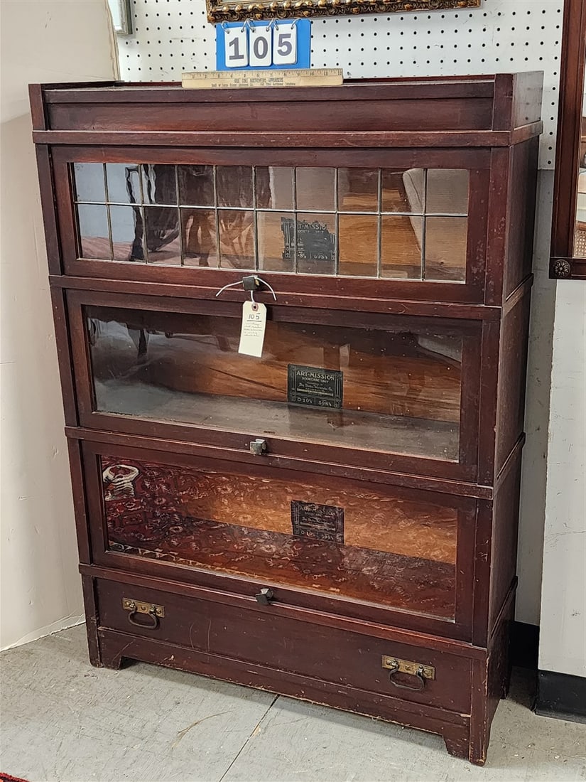 Vintage Art Mission Globe Wernicks Co. Mahogany 3 Part Bookcase - Top Section Has Leaded Glass Door (1 of 4)