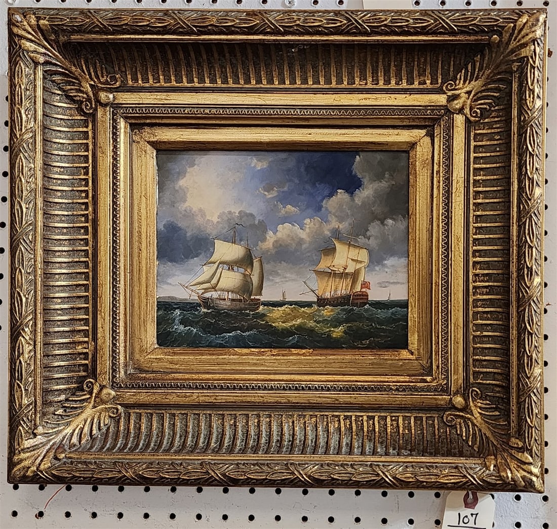 Framed Oil On Panel Seascape w/Masted Ships 8" X 10" w/Frame 17" X 19" (1 of 2)