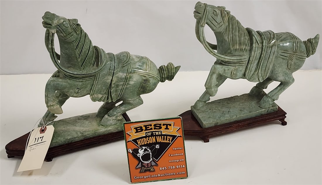 Pr. Chinese Carved Jade Horse Sculptures 9 1/2" H X 10 1/2" L X 3" W On Wooden Base 1" H X 9 1/2" L (1 of 1)