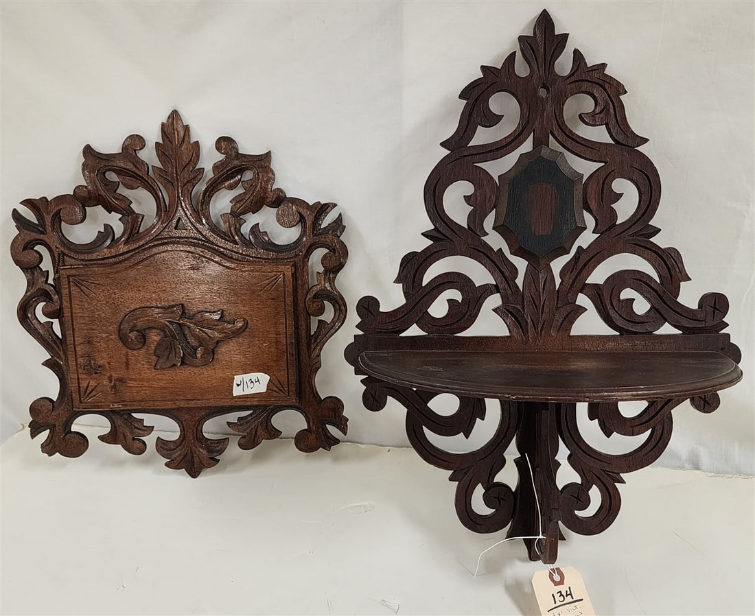 Lot 2 Victorian Walnut Pcs. - Wall Pocket 16 1/2" X 14 1/2" + Shelf 21" X 15": Lot 2 Victorian Walnut Pcs. - Wall Pocket 16 1/2" X 14 1/2" + Shelf 21" X 15"