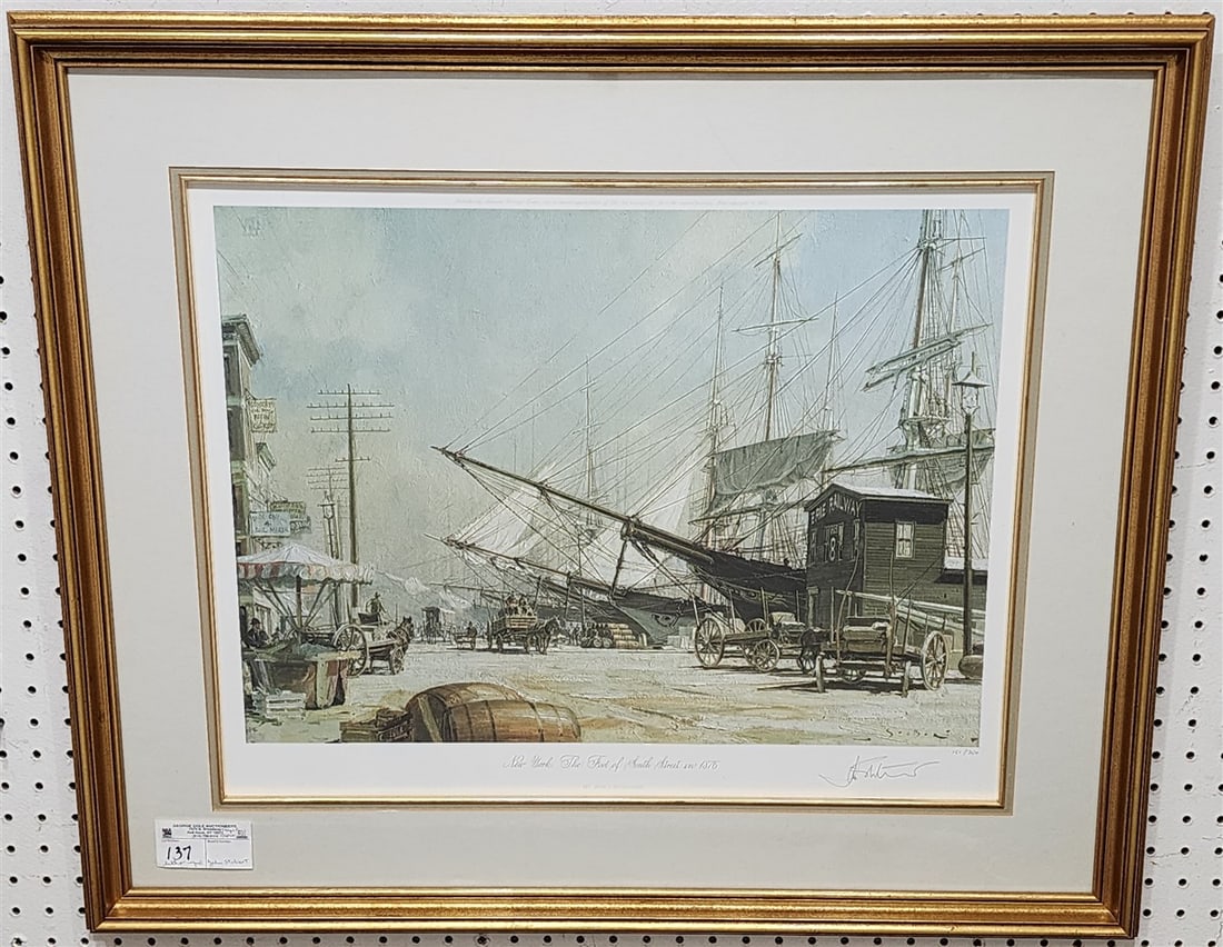 Framed Litho 'New York The Foot Of South Street 1876' Pencil Sgnd John Stobart 151/750 18" X 22: Framed Litho 'New York The Foot Of South Street 1876' Pencil Sgnd John Stobart 151/750 18" X 22 3/4" w/Frame 26 1/2" X 31"
