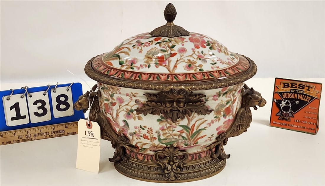 Bronze Mounted Famille Rose Porcelain Covered Tureen 12" H X 13 1/2" W X 9 1/2" D: Bronze Mounted Famille Rose Porcelain Covered Tureen 12" H X 13 1/2" W X 9 1/2" D