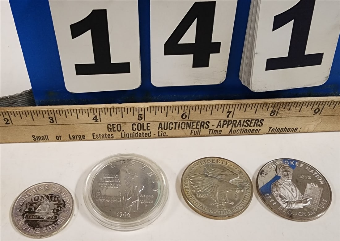 Lot 4 Silver Coins - Sunshine Minting Silver Eagle, 1973 The Cherokee Nation, 1987 Liberty: Lot 4 Silver Coins - Sunshine Minting Silver Eagle, 1973 The Cherokee Nation, 1987 Liberty Bi-Centennial Of The Constitution + 1986 Liberty Ellis Island