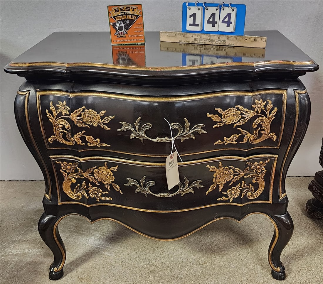 John Widdicomb 2 Drawer Ebonized + Gilt Chinoiserie Bombay Chest 28" H X 30" W X 17" D: John Widdicomb 2 Drawer Ebonized + Gilt Chinoiserie Bombay Chest 28" H X 30" W X 17" D