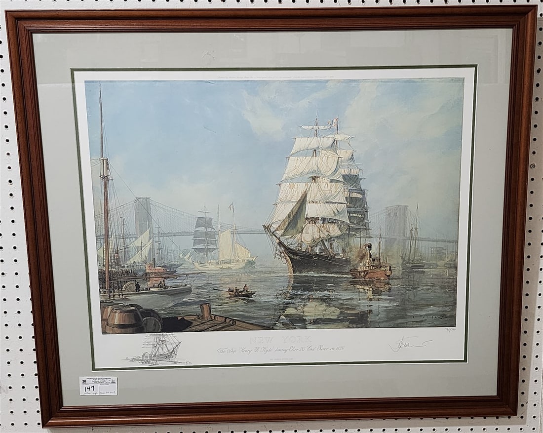 Framed Litho New York The Ship Henry B. Hyde Leaving Pier 20 East River 1886 Pencil Sgnd John: Framed Litho New York The Ship Henry B. Hyde Leaving Pier 20 East River 1886 Pencil Sgnd John Stobart 736/750 22" X 28 1/2" w/Frame 31" X 37"