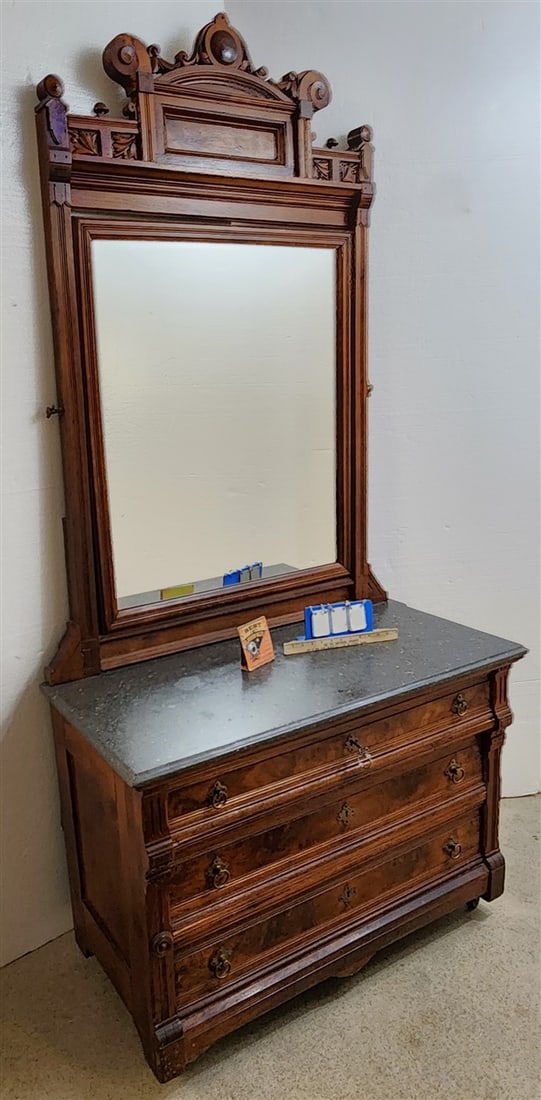 Victorian Eastlake Walnut Marble Top 3 Drawer Dresser 87" H X 42" W X 20" D: Victorian Eastlake Walnut Marble Top 3 Drawer Dresser 87" H X 42" W X 20" D
