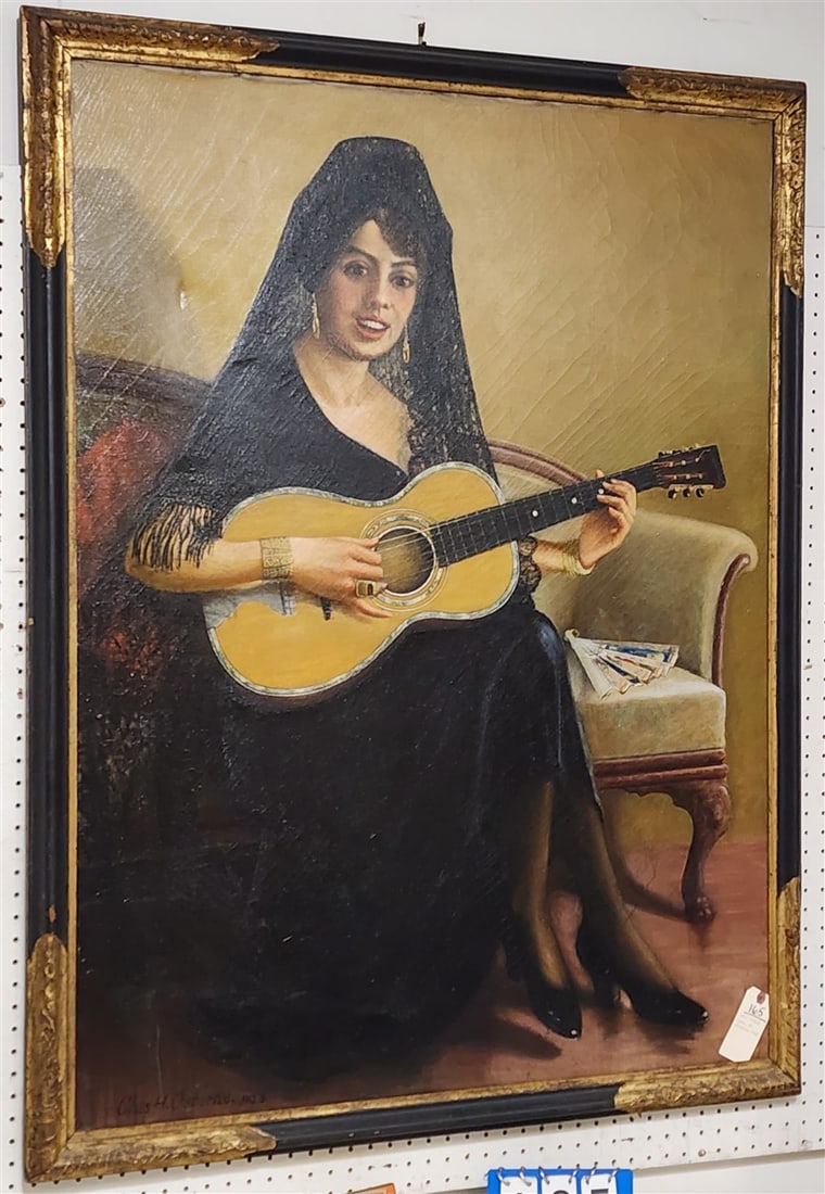 Framed O/C Portrait Spanish Lady Playing Guitar Sgnd Chas. H. Osborne 1923 48" X 36" w/Frame 52" X: Framed O/C Portrait Spanish Lady Playing Guitar Sgnd Chas. H. Osborne 1923 48" X 36" w/Frame 52" X 40"