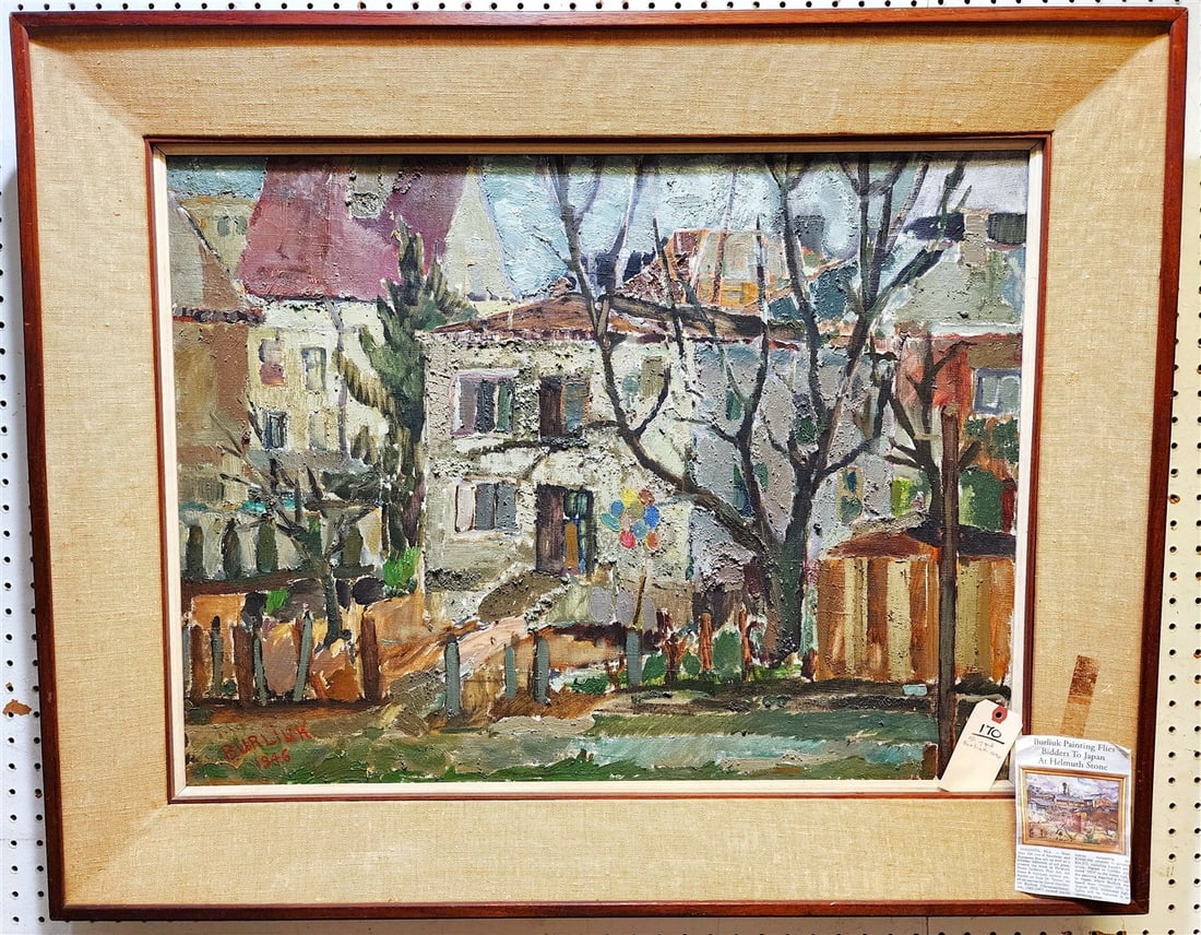 Framed O/C Village Scene Sgnd Burliuk 1946 25" X 31" w/Frame 31 1/2" X 39 1/2": Framed O/C Village Scene Sgnd Burliuk 1946 25" X 31" w/Frame 31 1/2" X 39 1/2"