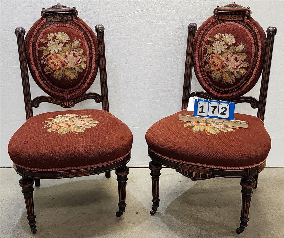 Pr. Victorian Renaissance Revival Inlaid Walnut Side Chairs 36 1/2" H X 18" W X 10 1/2" D (1 of 2)