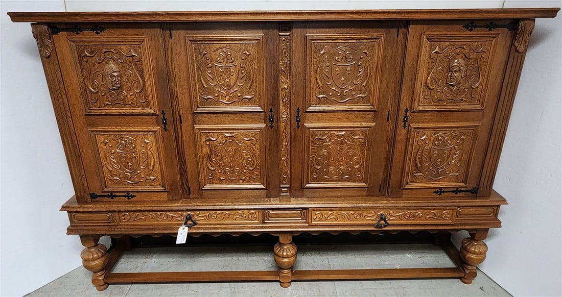 Jacobean Style Oak 4 Door 2 Drawer Cabinet 59" H X 7'7" W X 18" D (1 of 3)