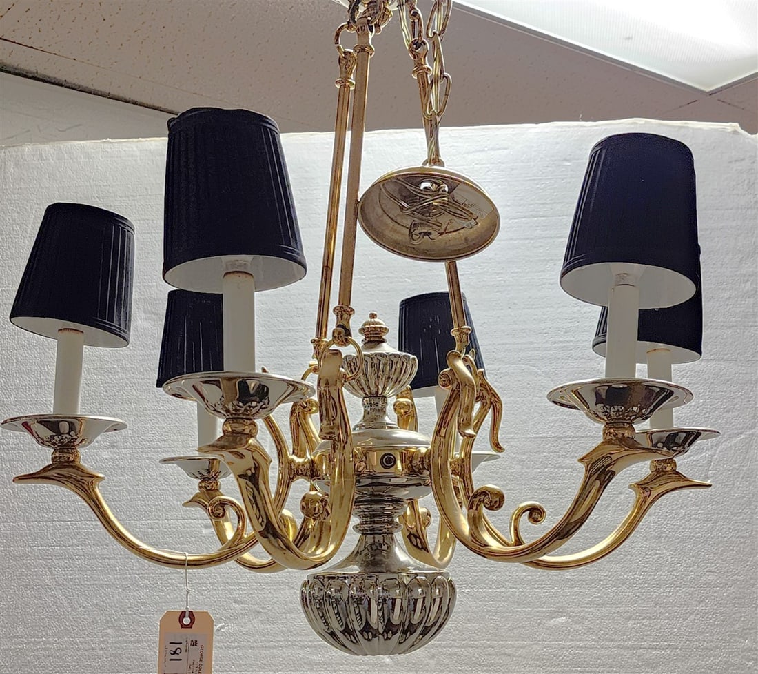 6 Arm Brass & Steel Chandelier 30" H X 26" Diam. (1 of 2)
