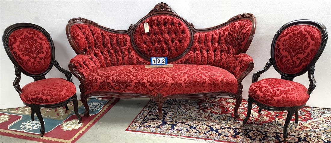 3 Pcs. Victorian Uphols. Walnut Parlor Set - Sofa 43" H X 6'5" W X 23" D + Pr. Side Chairs 38" H X (1 of 3)