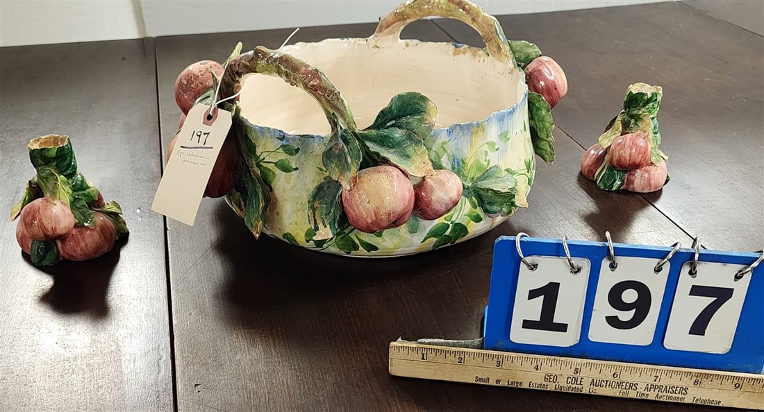 3 Pc. Italian Ceramics - Centerpiece Bowl 7" H X 13" Diam. + Pr. Candlesticks 4' H X 4" Diam. (1 of 2)