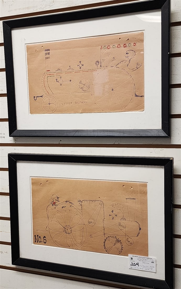 Pr. Framed Outsider art Drawings By Lewis Smith 8" X 13 1/2" w/Frame 13 1/2" X 19": Pr. Framed Outsider art Drawings By Lewis Smith 8" X 13 1/2" w/Frame 13 1/2" X 19"