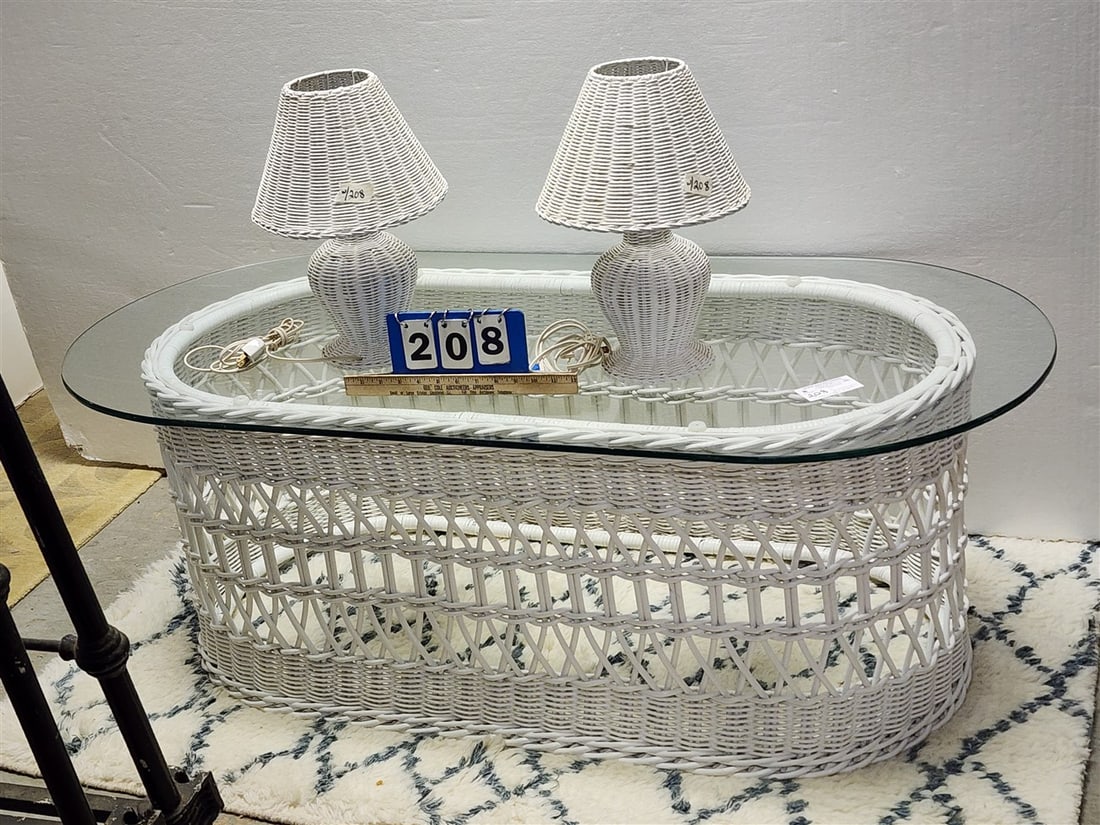 Wicker Base Glass Top Coffee Table 19" H X 54" W X 25 1/2" D w/2 Wicker Lamps 15": Wicker Base Glass Top Coffee Table 19" H X 54" W X 25 1/2" D w/2 Wicker Lamps 15"