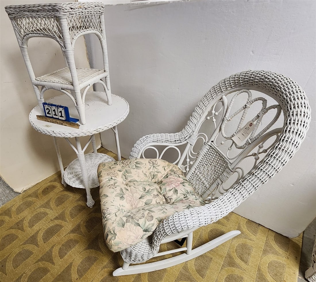 Wicker Rocker 38" H X 26" W X 20" D + Table 27 1/2" H X 25" Diam. + 2 Tier Stand 21" H X 13" Sq.: Wicker Rocker 38" H X 26" W X 20" D + Table 27 1/2" H X 25" Diam. + 2 Tier Stand 21" H X 13" Sq.