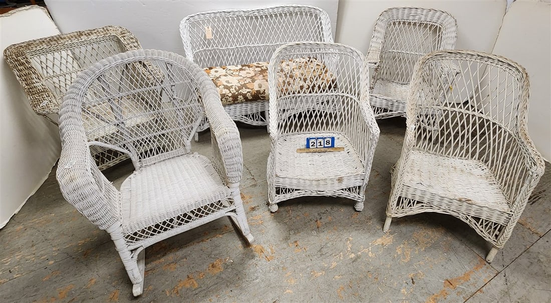 Lot 6 Pcs. Wicker - Sofa 34" H X 4' W X 21" D, 4 Armchairs + Rocker: Lot 6 Pcs. Wicker - Sofa 34" H X 4' W X 21" D, 4 Armchairs + Rocker