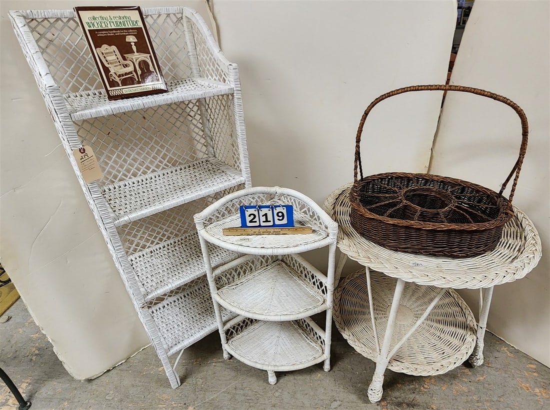 Wicker 4 Tier Cabinet 56" H X 20 1/2" W X 12" D, 3 Tier Corner Shelf 33 1/2" H" X 20" W X 14" D + 2: Wicker 4 Tier Cabinet 56" H X 20 1/2" W X 12" D, 3 Tier Corner Shelf 33 1/2" H" X 20" W X 14" D + 2 Tier Table 29" H X 31" Diam.