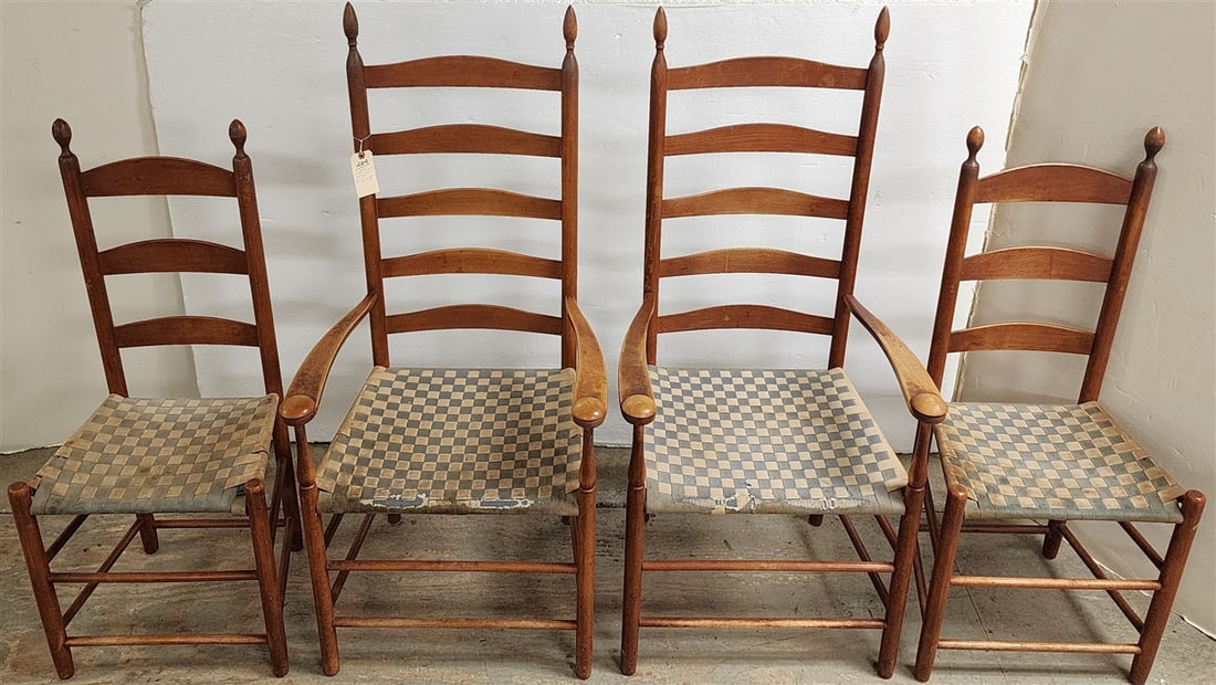 Set 4 Cherry Shaker Style Pr. Armchairs 51" H X 23 1/2" W X 18" D + Pr. Side 43" H X 18 1/2" W X 14": Set 4 Cherry Shaker Style Pr. Armchairs 51" H X 23 1/2" W X 18" D + Pr. Side 43" H X 18 1/2" W X 14" D Purchased From The Handcock Shaker Village