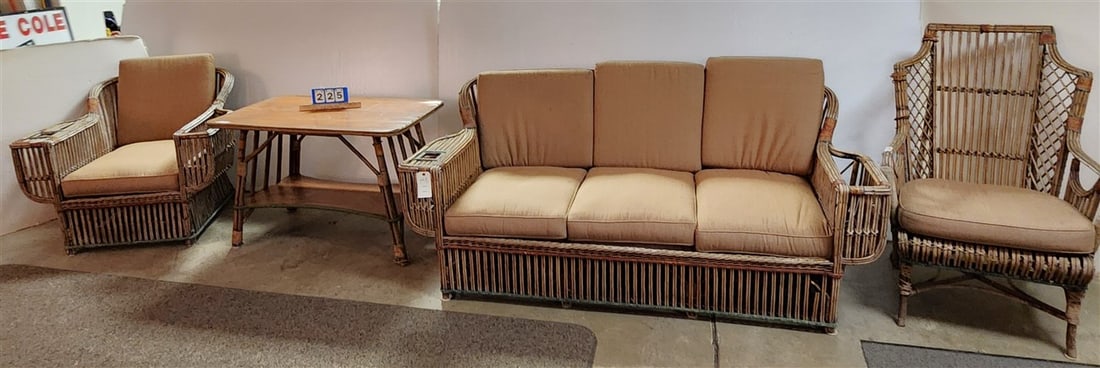 Vintage Deco 4 Pc. Rattan Patio Set - Sofa 33" H X 74" W X 24" D, Armchair 42" H X 28 1/2" W X 23": Vintage Deco 4 Pc. Rattan Patio Set - Sofa 33" H X 74" W X 24" D, Armchair 42" H X 28 1/2" W X 23" D, Armchair 31" H X 37" W X 23" D + 2 Tier Table 26 1/2" H X 40 1/2" W X 24 1/2" D