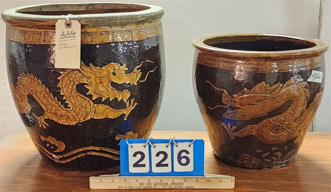 Lot 2 Chinese Glazed Pottery Dragon Jardeniers 14" H X 14 1/2" Diam. + 11" H X 12" Diam.: Lot 2 Chinese Glazed Pottery Dragon Jardeniers 14" H X 14 1/2" Diam. + 11" H X 12" Diam.