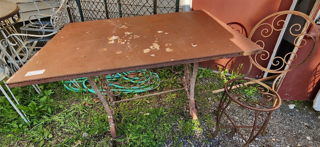 Wrought Base Metal Top Patio Table 29" H X 4' W X 36" D + Side Chair: Wrought Base Metal Top Patio Table 29" H X 4' W X 36" D + Side Chair