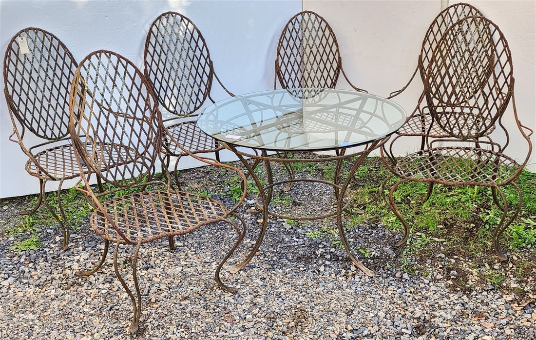 Rose Tarlow Twig Iron Patio Table w/Glass Top 28" H X 42" Diam. w/ Set 6 Rose Tarlow Twig Iron (1 of 5)