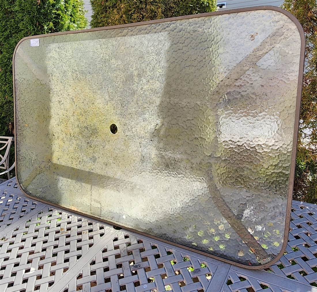 Metal Base Glass Top Patio Table 38" W X 5' L w/6 Chairs: Metal Base Glass Top Patio Table 38" W X 5' L w/6 Chairs